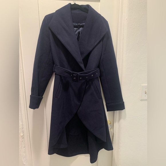 Medium navy blue wool trench coat with shawl collar - Picture 1 of 11